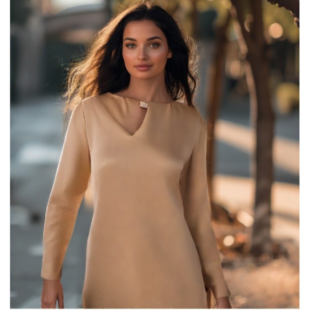 NWT Toy G Crepe Dress Business Sheath Long Sleeve Made in Italy Tan Size Small